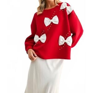 NEW JOH flora french scuba ribbon-bow top in red/white
